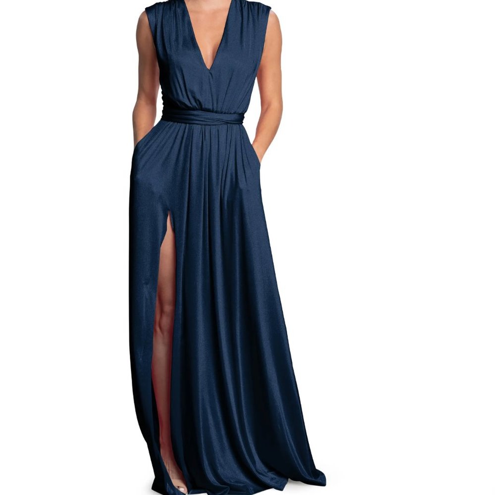 Dress The Population Navy Krista Plunge Neck Side Slit Gown